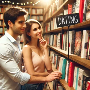 DALL·E 2024 06 17 17.55.43 A couple browsing books on a shelf labeled 'Dating', with the couple looking engaged and interested. The shelf is filled with various dating books. Th