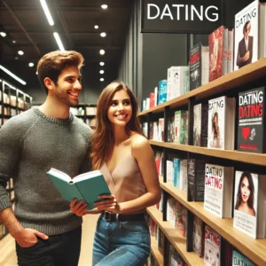 DALL·E 2024 06 17 17.56.42 A couple browsing books on a shelf labeled 'Dating', with the couple looking engaged and interested. The shelf is filled with various dating books. Th