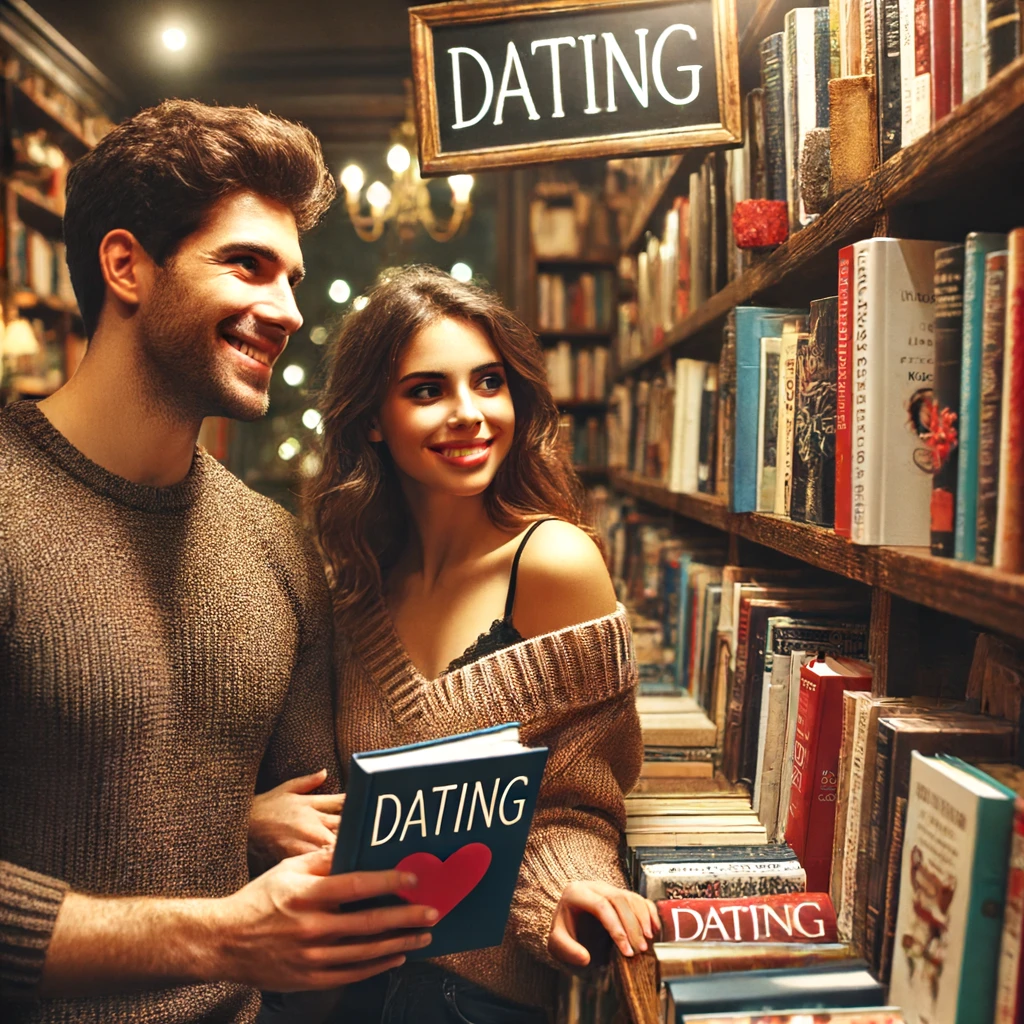 DALL·E 2024 06 17 17.57.13 A couple browsing books on a shelf labeled 'Dating', with the couple looking engaged and interested. The shelf is filled with various dating books. Th