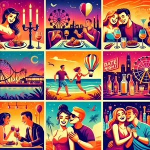 DALL·E 2024 06 23 09.41.28 A vibrant, playful collage for a dating theme, featuring a diverse array of illustrated scenes a couple having a romantic dinner by candlelight, two