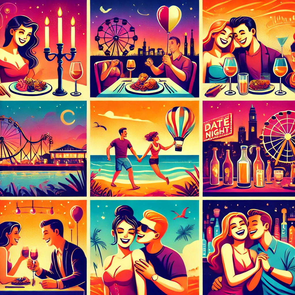 DALL·E 2024 06 23 09.41.28 A vibrant, playful collage for a dating theme, featuring a diverse array of illustrated scenes a couple having a romantic dinner by candlelight, two