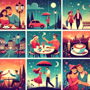 DALL·E 2024 06 23 09.41.37 A refreshed, playful collage for a dating theme, including scenes like a couple enjoying a cozy cafe with hot drinks, a pair sharing an umbrella in a