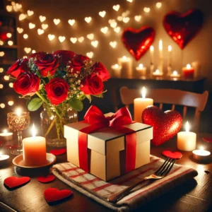 DALL·E 2025 01 28 21.11.44 A romantic Valentine's Day scene featuring a candlelit dinner setup with red roses, heart shaped decorations, and a cozy atmosphere. Soft lighting wit