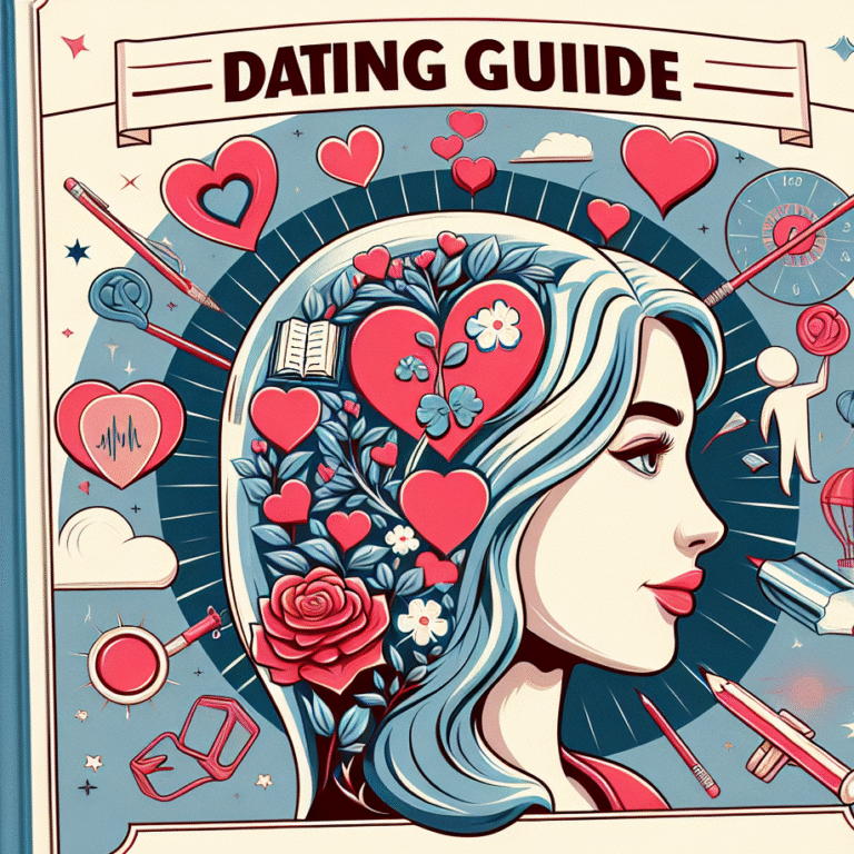 Illustration featuring a woman's profile with hearts, roses, and various symbols related to dating and relationships.