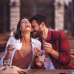 young couple love sitting cafe have fun