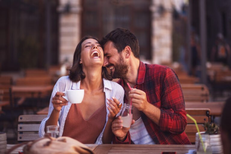 young couple love sitting cafe have fun
